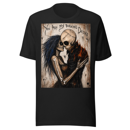 Burning Desire dark romance T-shirt with skeleton lovers and red roses