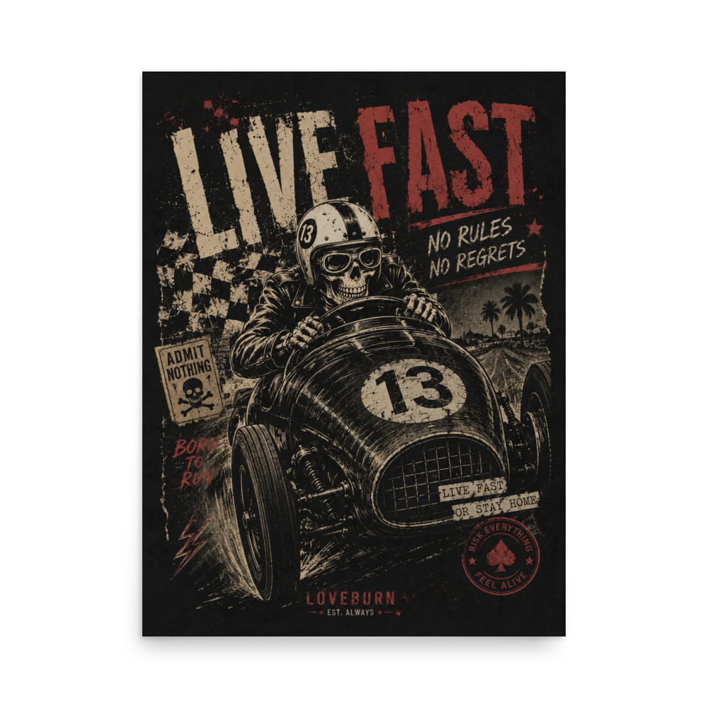 Vintage Skull Racer - Live fast Art Print